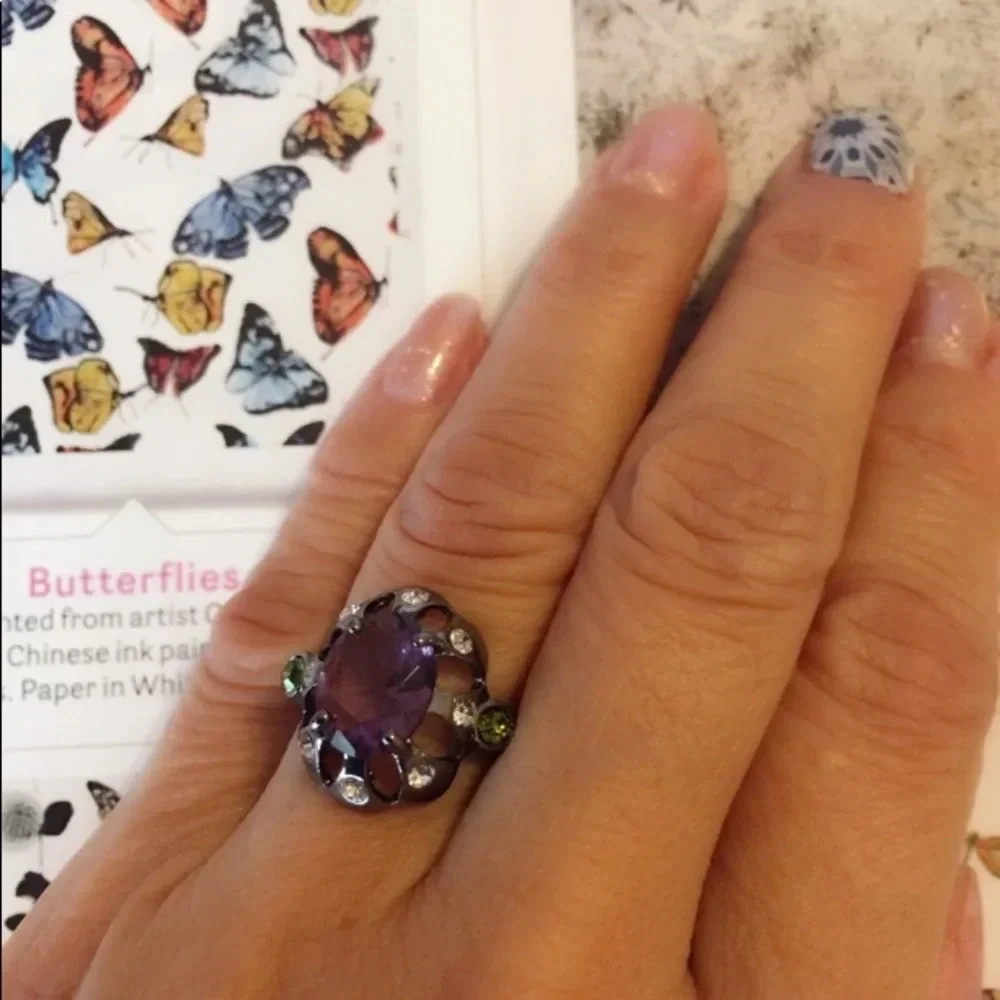Hematite Sterling Silver Ring Purple And Peridot Size Size 6